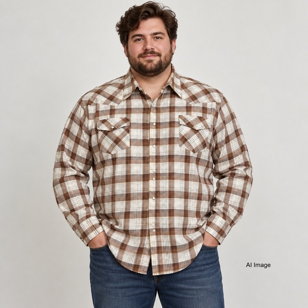 Vintage Big Mac Western Work Shirt Mens XXL Plaid Pearl Snap Brown 70s Style